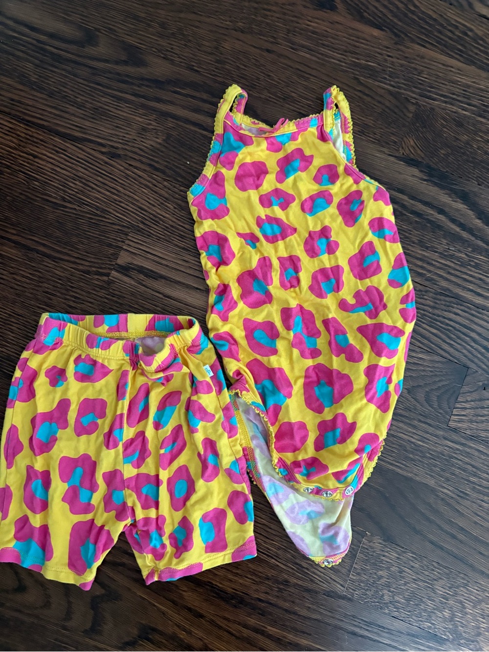 Posh Peanut Yellow Pink Blue Leopard bodysuit and bike shorts matching set